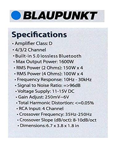 BLAUPUNKT AMP1804BT Car Audio 4-Channel Class D Amplifier 1600W with Bluetooth Full Range Amp. BLAUPUNKT AMP1804BT Car Audio 4-Channel Class D Amplifier 1600W with Bluetooth Full Range Amp.